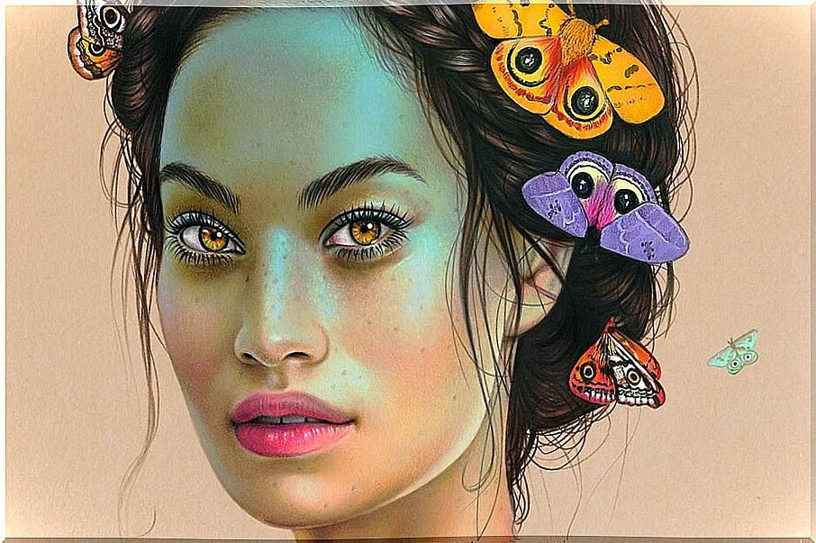 woman with butterflies in hair