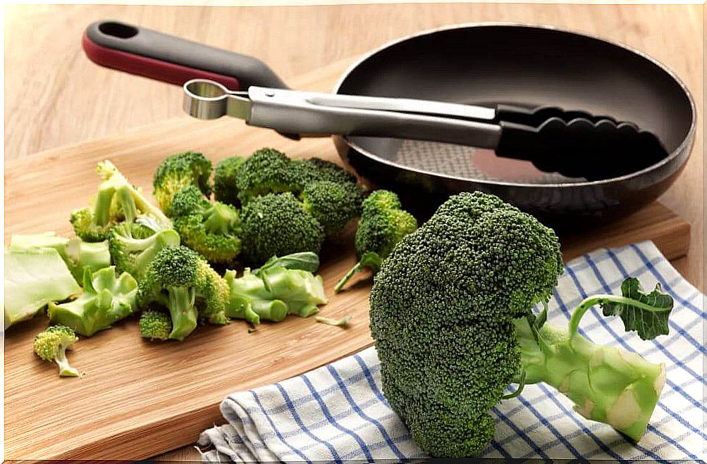 Skillet and broccoli ready to cook.