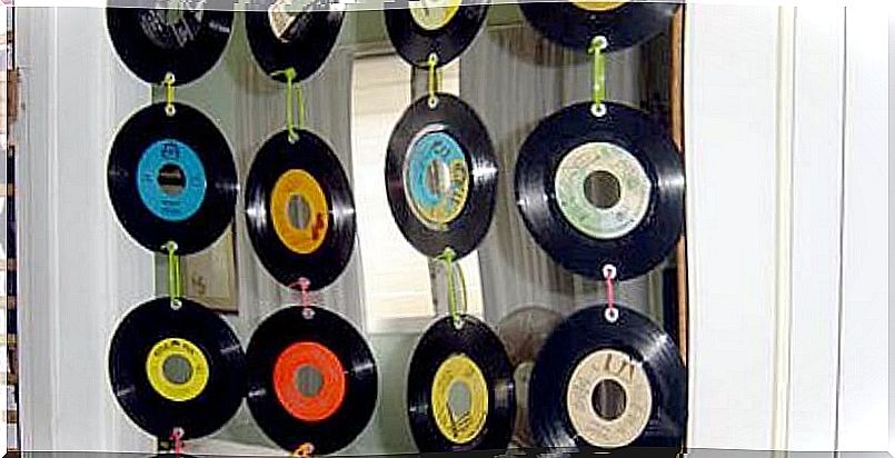 Curtain made from vinyl records.