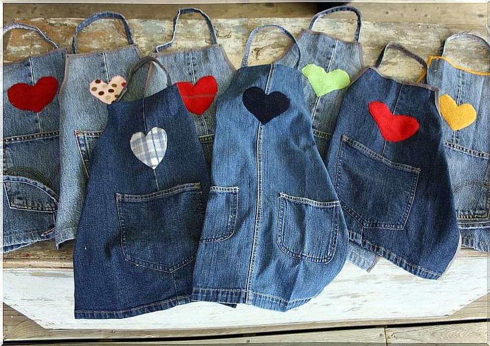 These aprons are the product of recycling old jeans