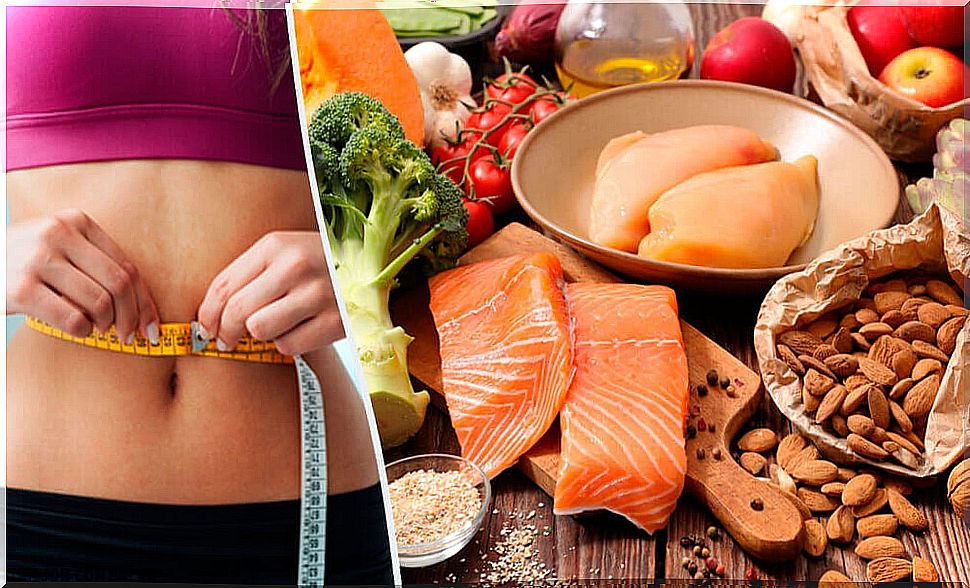 Assorted foods and woman measuring her abdomen